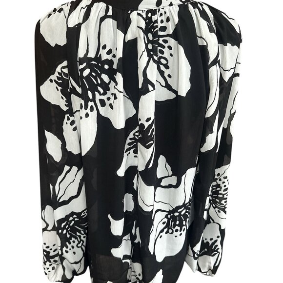 H&M Black & White Floral Sheer Ruffle Tie Neck Long Sleeve Blouse Large - Picture 5 of 6